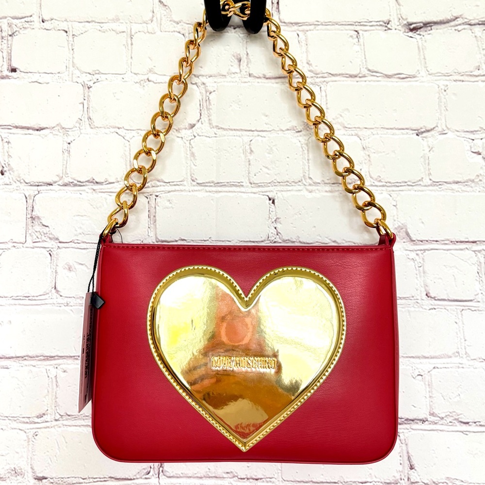 LOVE MOSCHINO Red with Gold Heart Zippered Vegan Leather Handbag/Crossbody--NWT - Picture 1 of 16